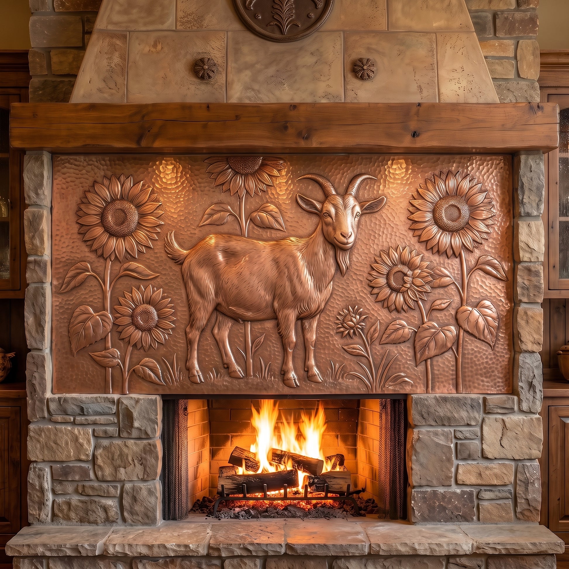 Hand-hammered goat and sunflower wall art made from real copper, displayed above a stone fireplace and featuring a goat surrounded by large sunflowers, leaves, and flowers in raised copper relief on a textured hammered copper background.