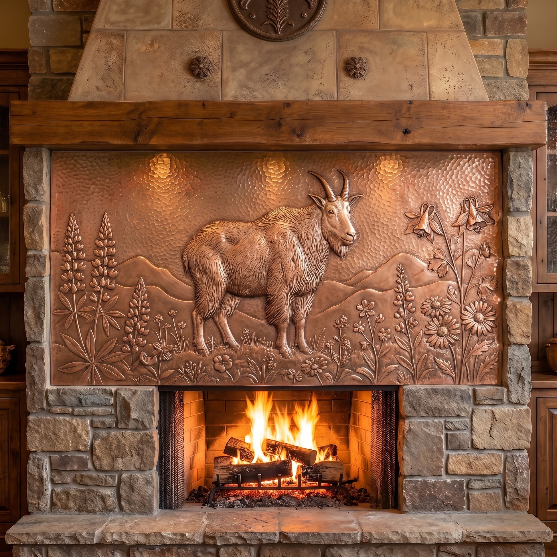Hand-hammered goat and wildflower wall art made from real copper, displayed above a stone fireplace and featuring a mountain goat in raised copper relief surrounded by lupines, wildflowers, grasses, and rolling mountains on a textured copper background.