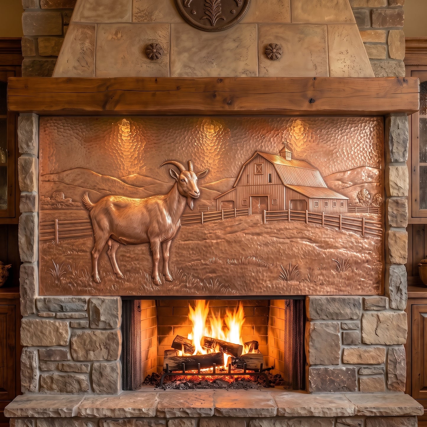 Hand-hammered goat and barn wall art made from real copper, displayed above a stone fireplace and featuring a goat in raised copper relief with a large country barn, wooden fences, open pasture, trees, and rolling hills on a textured copper background.