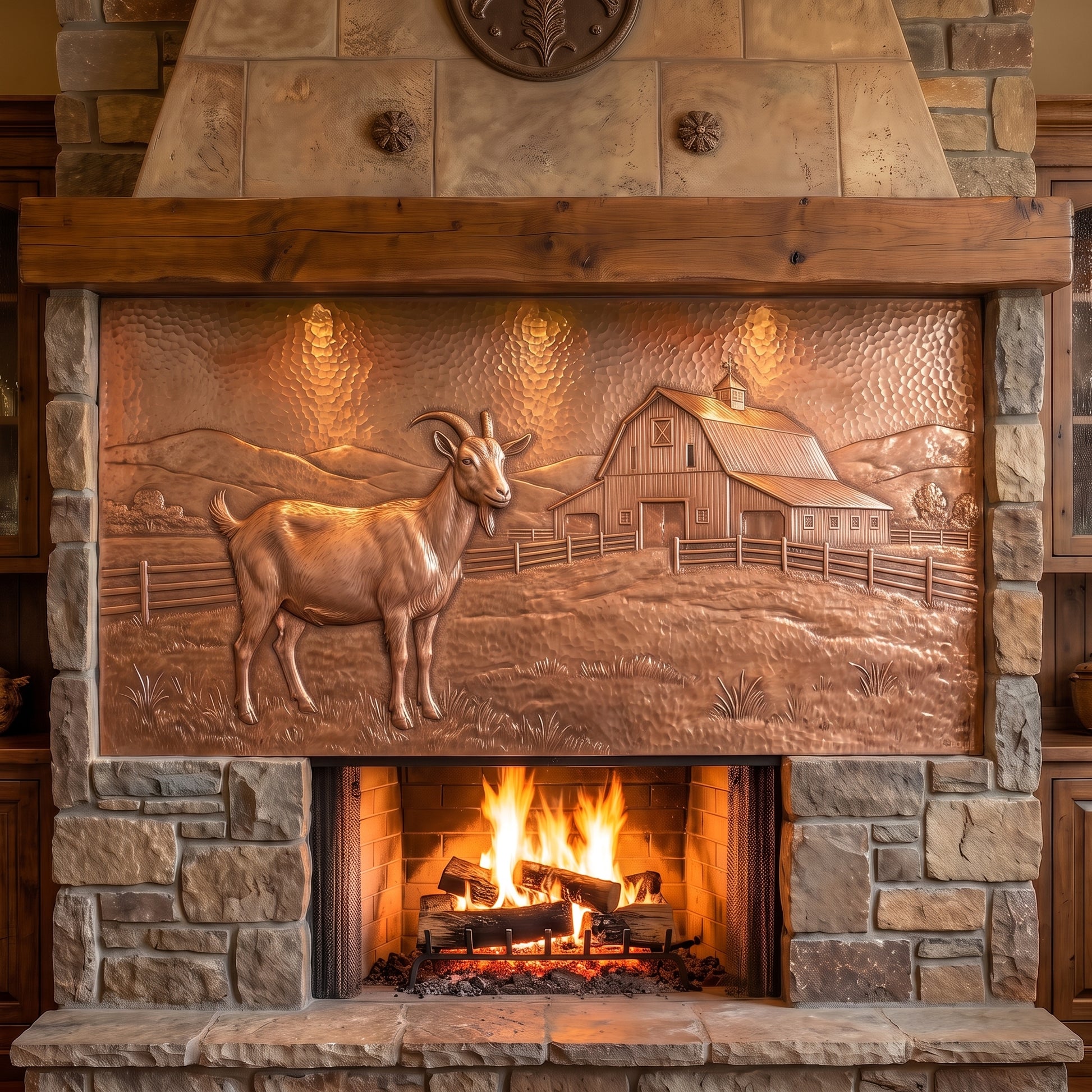 Hand-hammered goat and barn wall art made from real copper, displayed above a stone fireplace and featuring a goat in raised copper relief with a large country barn, wooden fences, open pasture, trees, and rolling hills on a textured copper background.