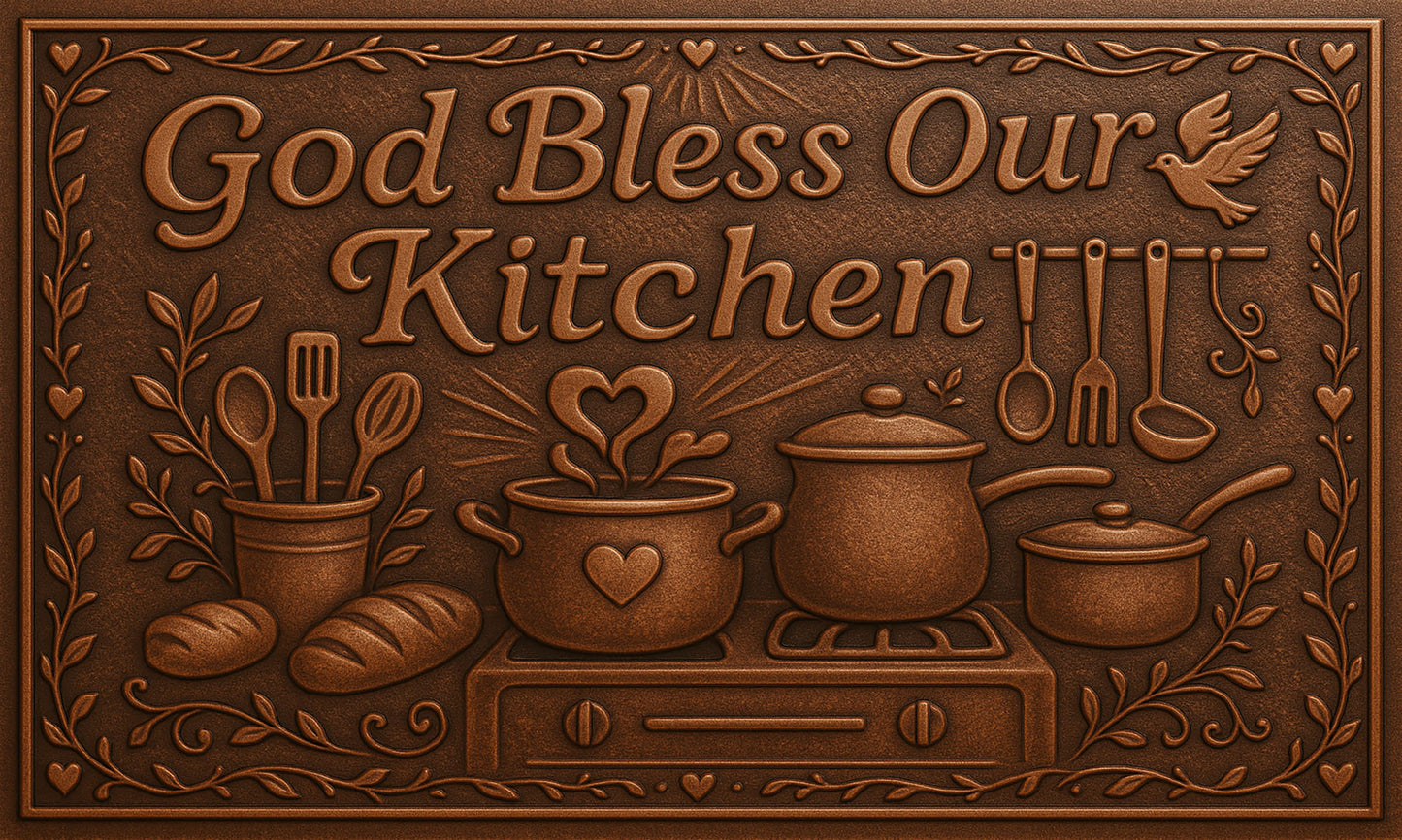 "God Bless Our Kitchen" Copper Stove Backsplash
