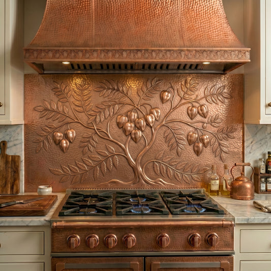 Handmade copper kitchen backsplash featuring a Golden Rain Tree with lantern-shaped seed pods. Botanical copper wall art for kitchens, fireplaces, feature walls, and garden-inspired homes.