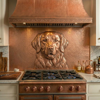 Handmade Golden Retriever copper kitchen backsplash featuring one of the world's most beloved dog breeds. Custom copper wall art celebrating loyalty, companionship, and the special bond between people and their dogs.