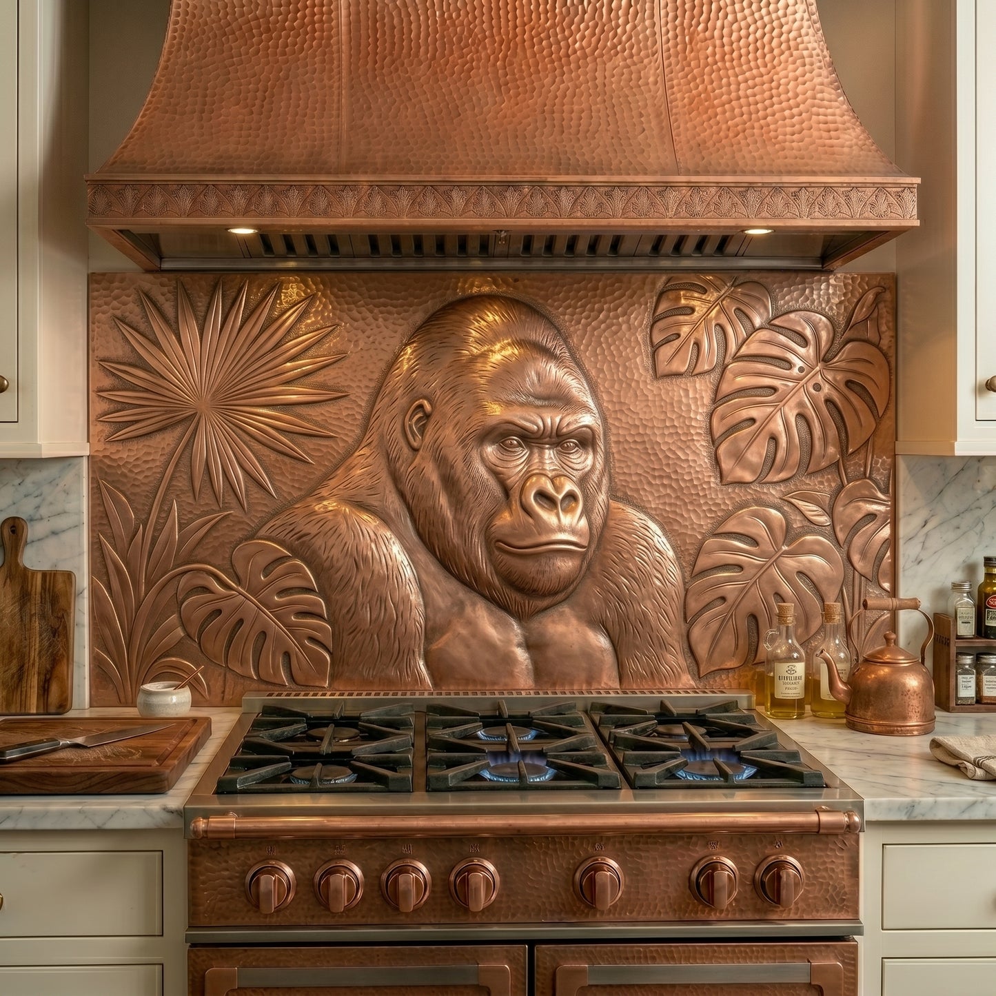 Handmade gorilla copper kitchen backsplash for behind the stove. Custom wildlife wall decor for safari-inspired homes, tropical interiors, animal lovers, and luxury kitchens.