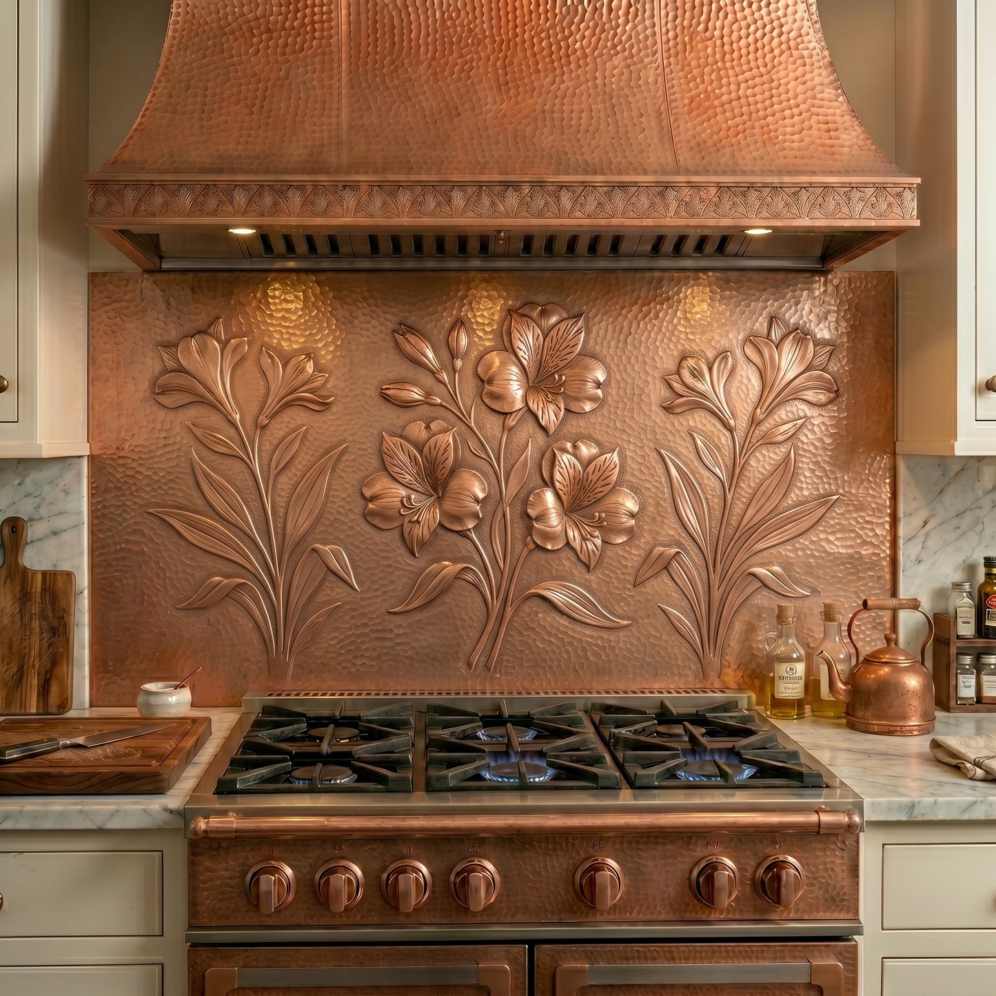 Handmade copper kitchen backsplash featuring elegant garden blooms, flowering stems, and sculpted botanical details. Available as a custom copper stove backsplash panel or complete copper kitchen backsplash system in custom sizes and finishes.