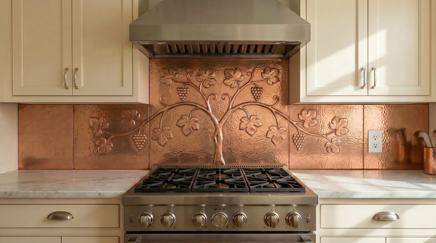 Handcrafted copper stove backsplash featuring an elegant grapevine tree with grape clusters and flowing branches. Real copper kitchen backsplash for ranges and cooktops. Custom sizes and finishes available for single panels or complete backsplash installations.