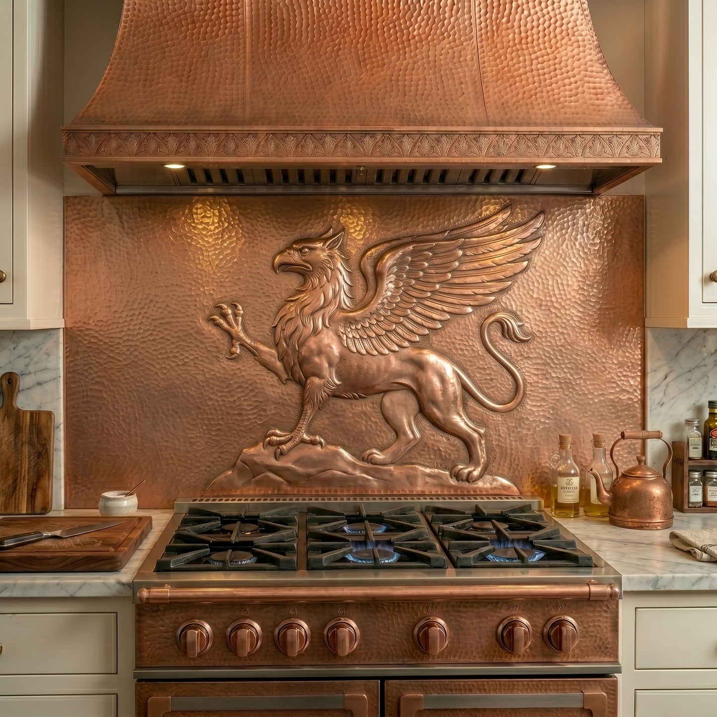 Handmade griffin copper kitchen backsplash behind the stove. Custom mythical creature wall decor for luxury homes, medieval-inspired interiors, fantasy enthusiasts, and grand kitchens.