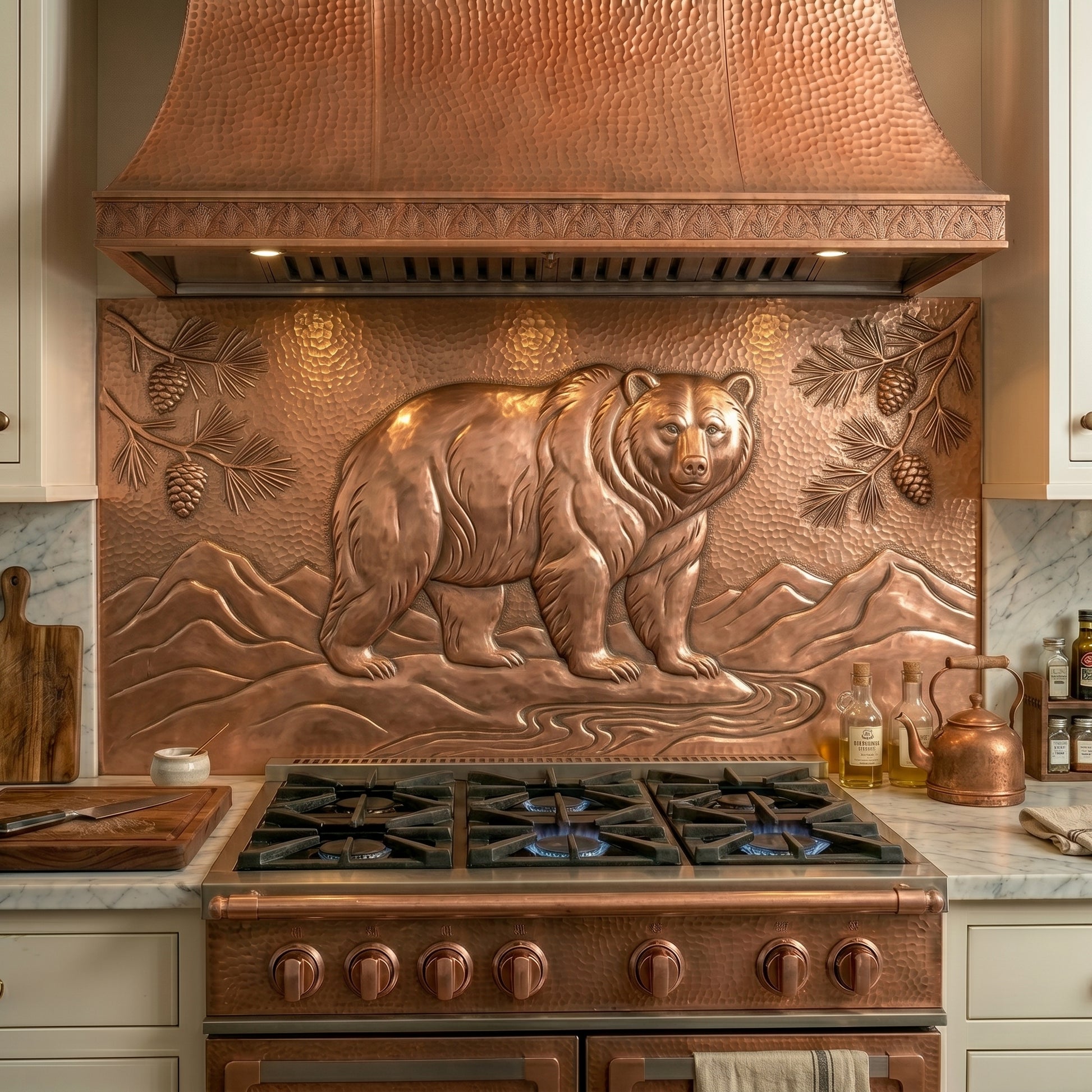 Handmade bear copper kitchen backsplash for behind the stove. Custom wildlife wall decor for cabin kitchens, lodge homes, mountain retreats, and bear lovers.