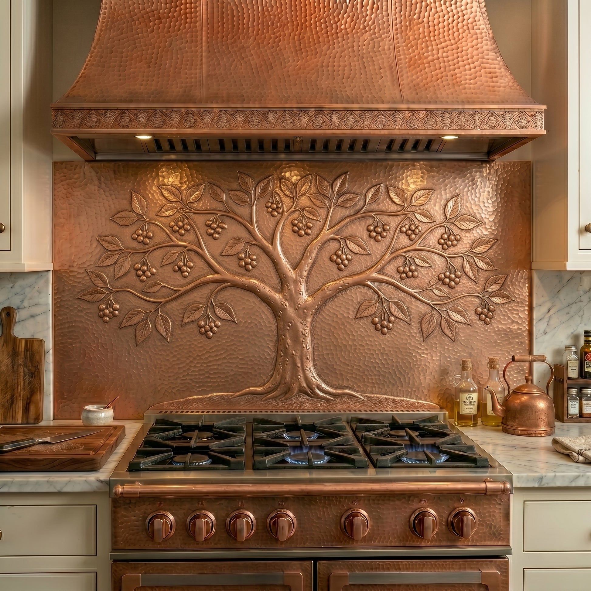 Handmade copper backsplash featuring a Hackberry tree laden with berries. A nature-inspired focal point crafted from real copper for kitchens and hearths.
