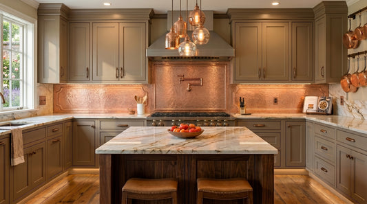 Hand-hammered copper range backsplash panel handcrafted from real copper. Ideal behind stoves and cooktops. Available in custom sizes and finishes for complete copper kitchen backsplash installations.