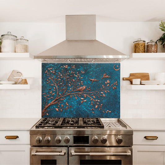 Copper Backsplash (Tree Branches, Crescent and Star, Blue Patina)