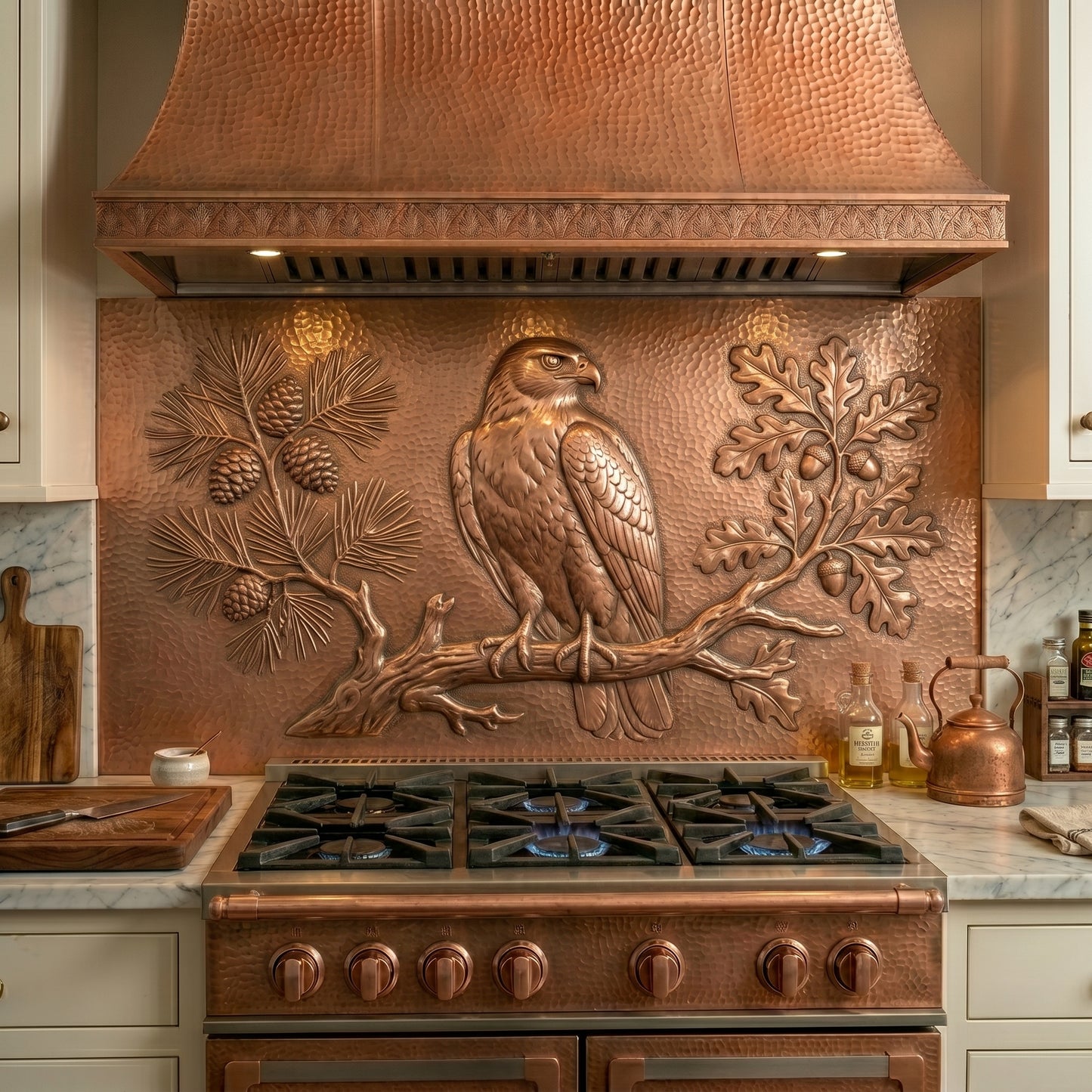 Handmade hawk copper kitchen backsplash behind the stove. Custom bird of prey wall decor for lodge homes, cabin kitchens, wildlife lovers, and rustic interiors.