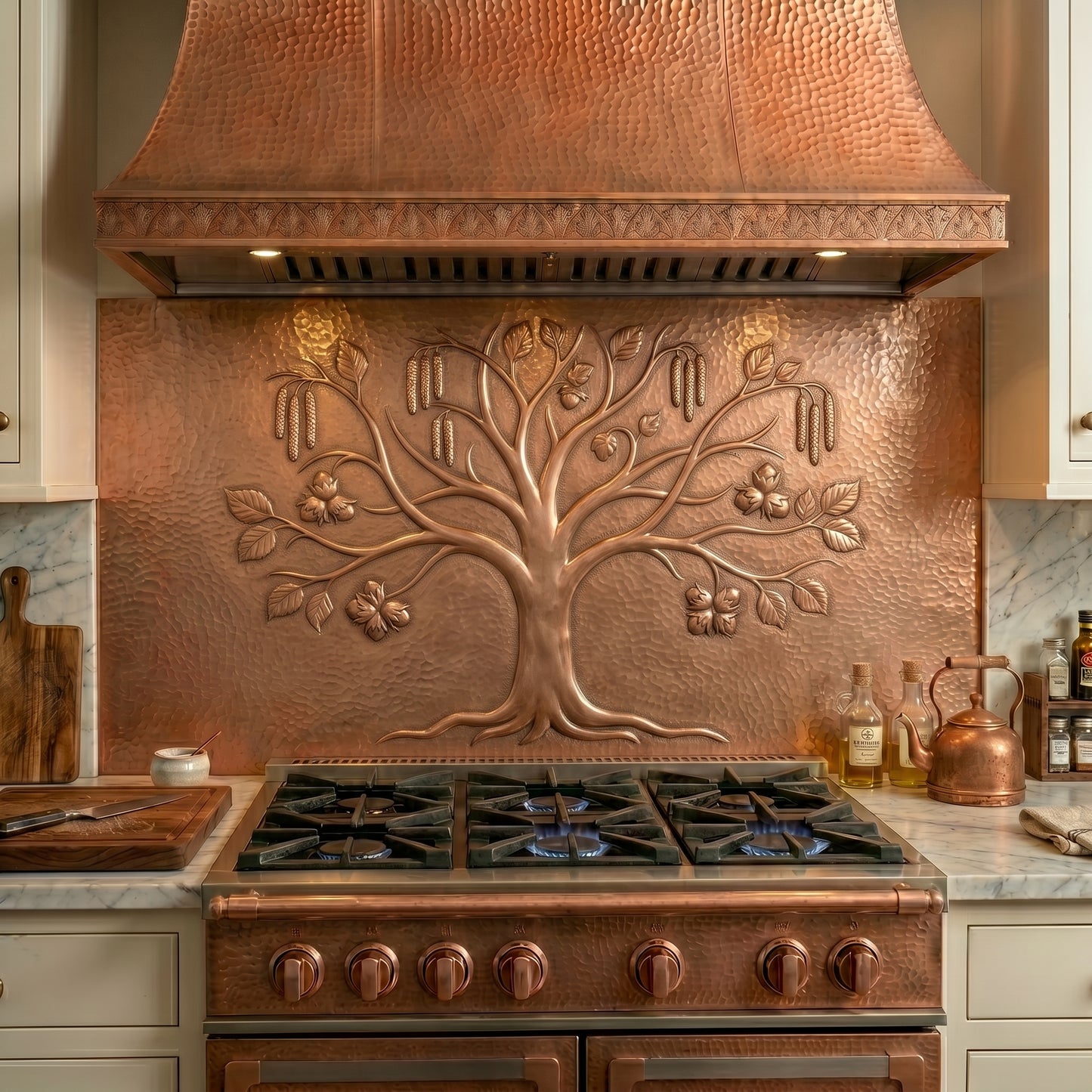 Handmade copper backsplash featuring a Hazel tree with catkins, leaves, and hazelnuts. Nature-inspired kitchen wall art crafted from real copper.