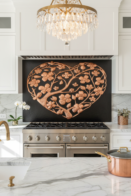 Handcrafted copper kitchen backsplash featuring a heart-shaped flowering tree with blossoms and flowing branches. Custom sizes and finishes available. A beautiful copper backsplash design symbolizing love, family, and togetherness.