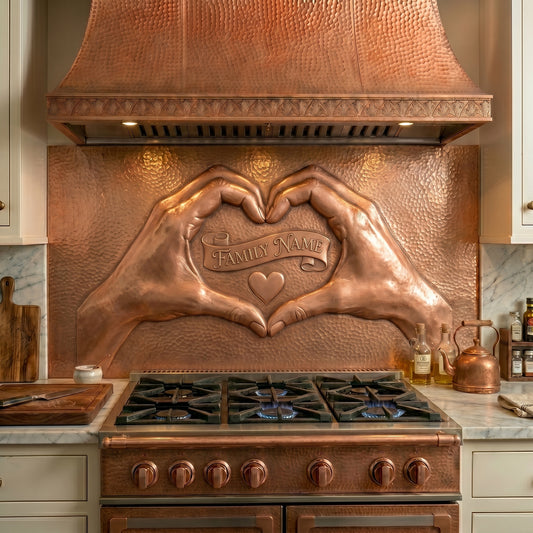 Personalized copper stove backsplash featuring heart hands and a custom family name. Handmade copper kitchen backsplash available in custom sizes for family homes, weddings, anniversaries, and housewarming gifts.