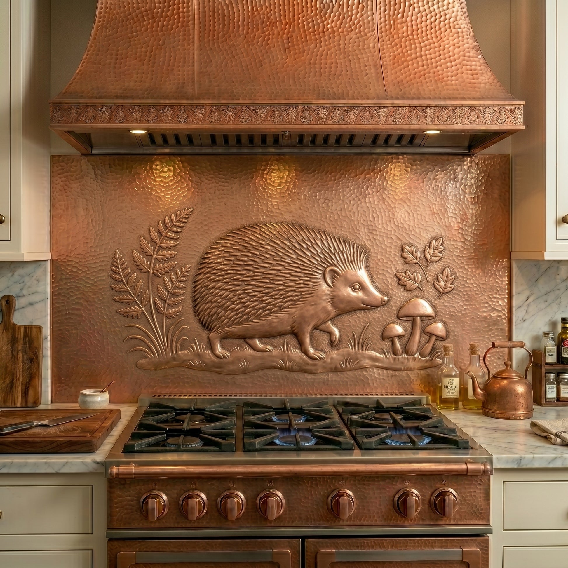 Handmade hedgehog copper kitchen backsplash behind the stove. Custom woodland wall decor for cottage kitchens, nature lovers, garden homes, and rustic interiors.