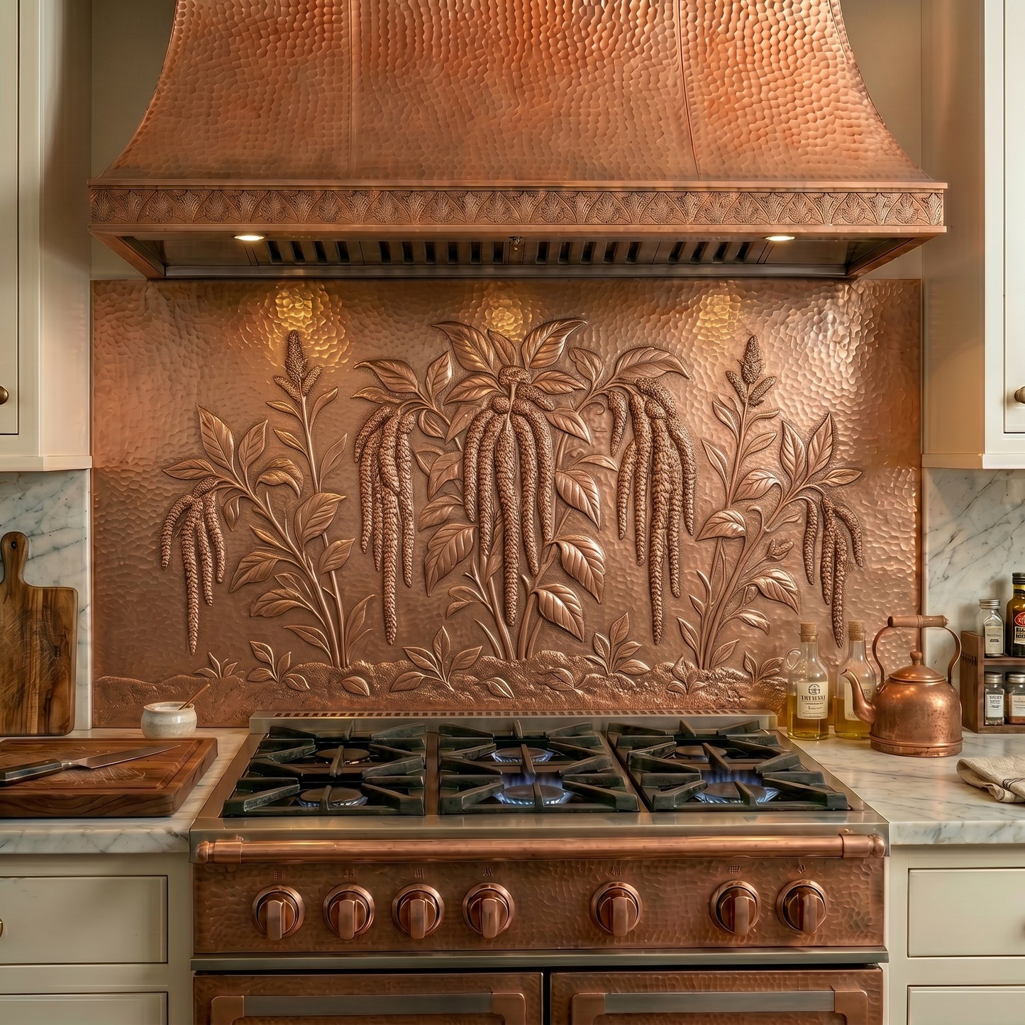 Handmade copper kitchen backsplash featuring an elegant heirloom garden design with cascading flowers and botanical details. Available as a custom copper stove backsplash panel or complete kitchen backsplash system in custom sizes and finishes.