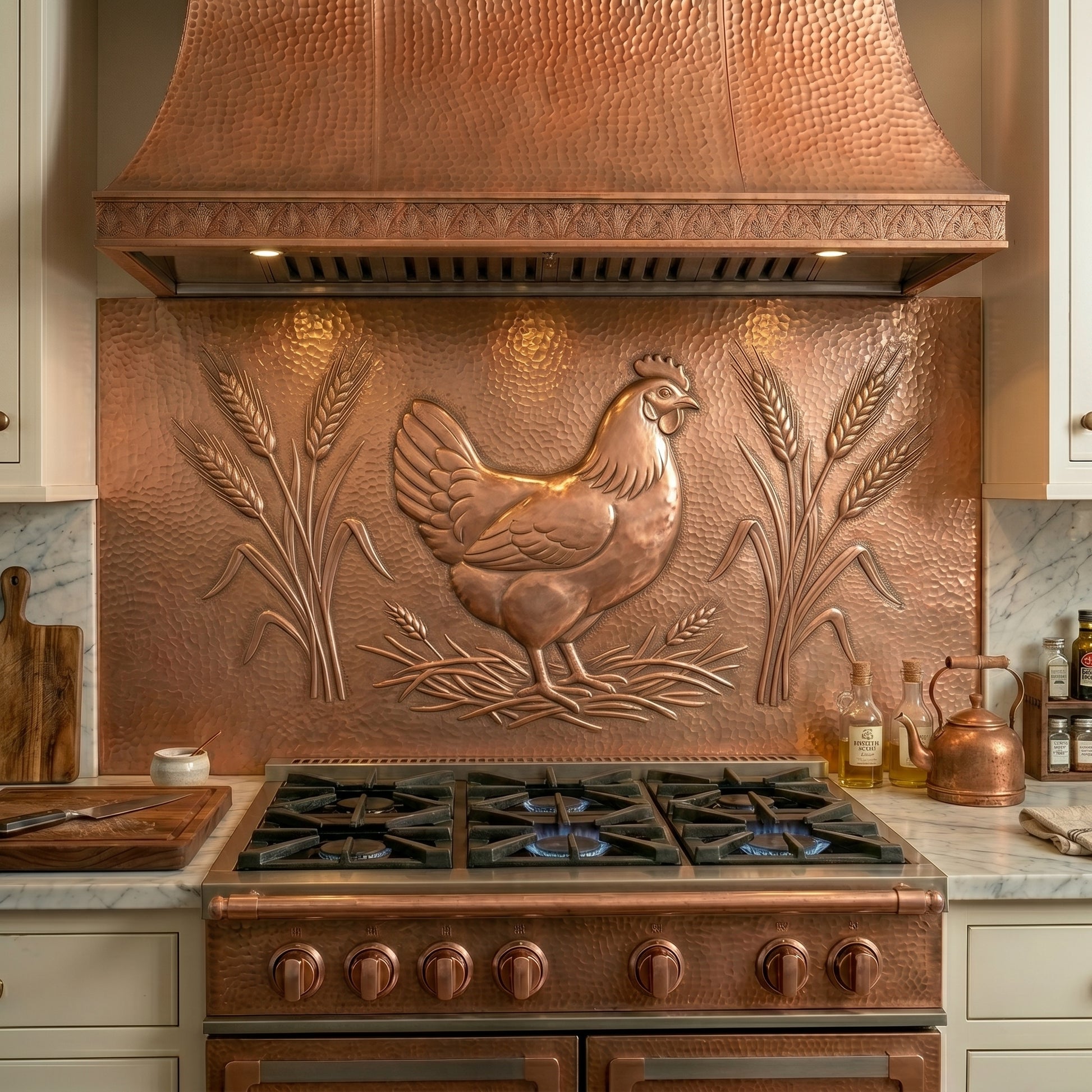 Handmade chicken copper kitchen backsplash behind the stove. Custom farmhouse wall decor for country kitchens, homesteads, poultry lovers, and rustic homes.