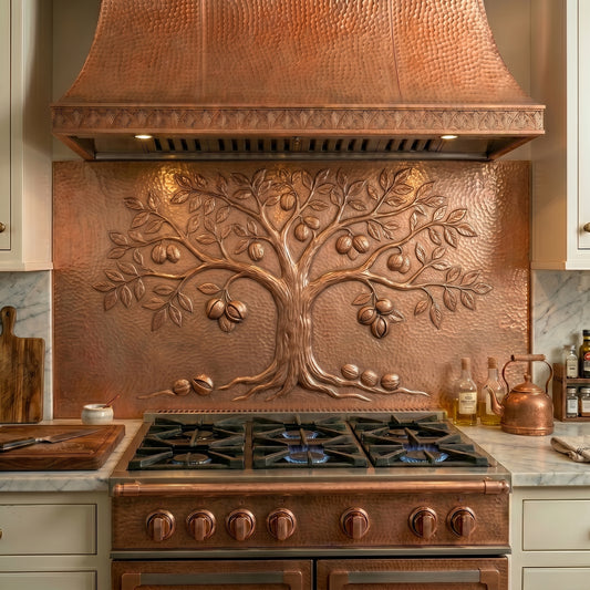 Handmade Black Walnut Tree copper kitchen backsplash featuring detailed walnut clusters and graceful branches crafted from real copper. Custom sizes available for farmhouse, rustic, woodland, lodge, and traditional kitchens.