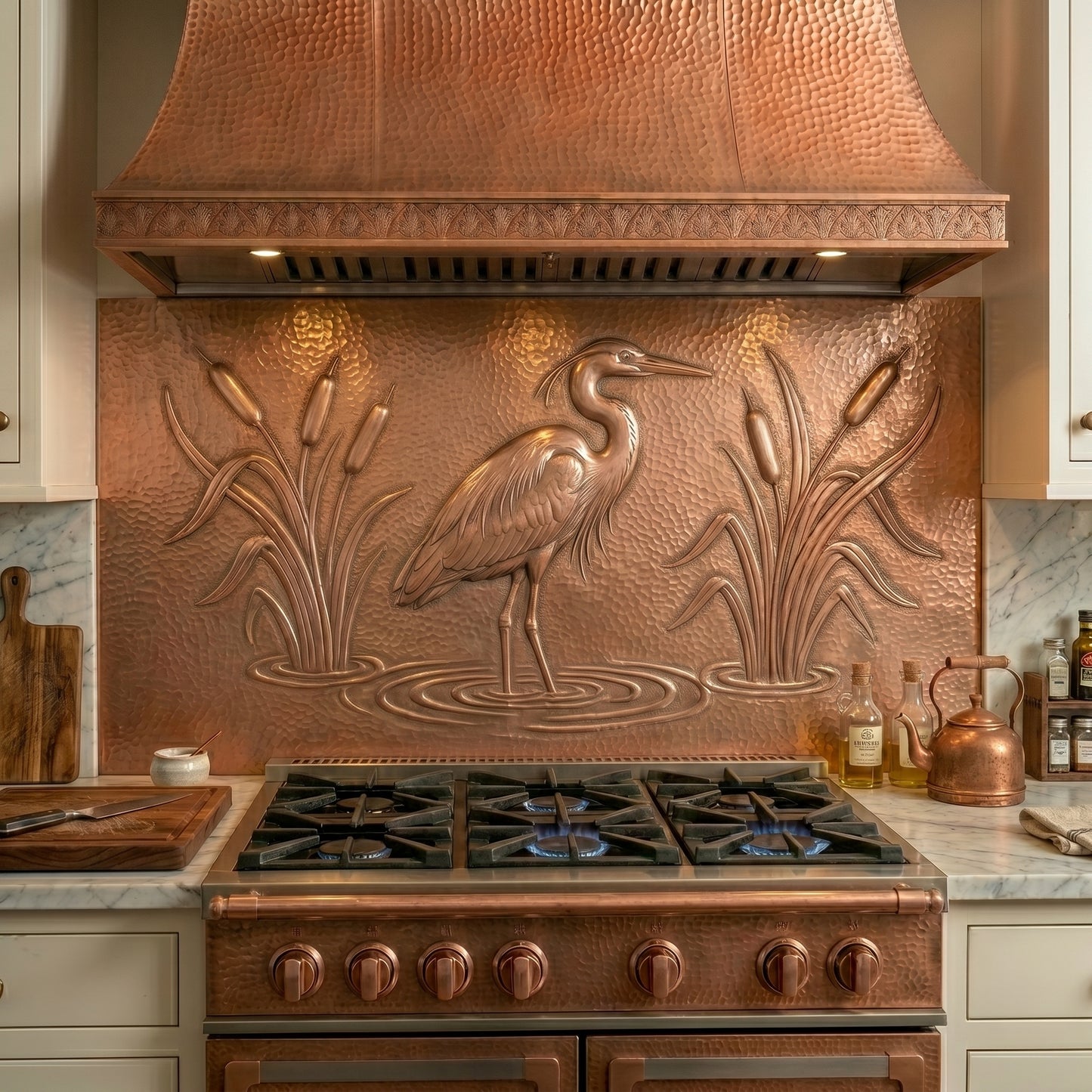 Handmade heron copper kitchen backsplash for behind the stove. Custom bird wall decor for lake houses, coastal homes, wildlife lovers, and waterside kitchens.