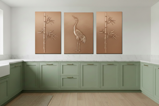 Handcrafted Heron and Bamboo copper tall kitchen backsplash featuring real copper repoussé artwork. Custom vertical copper backsplash panels designed for high ceilings, large kitchen walls, luxury homes, and nature-inspired interiors.