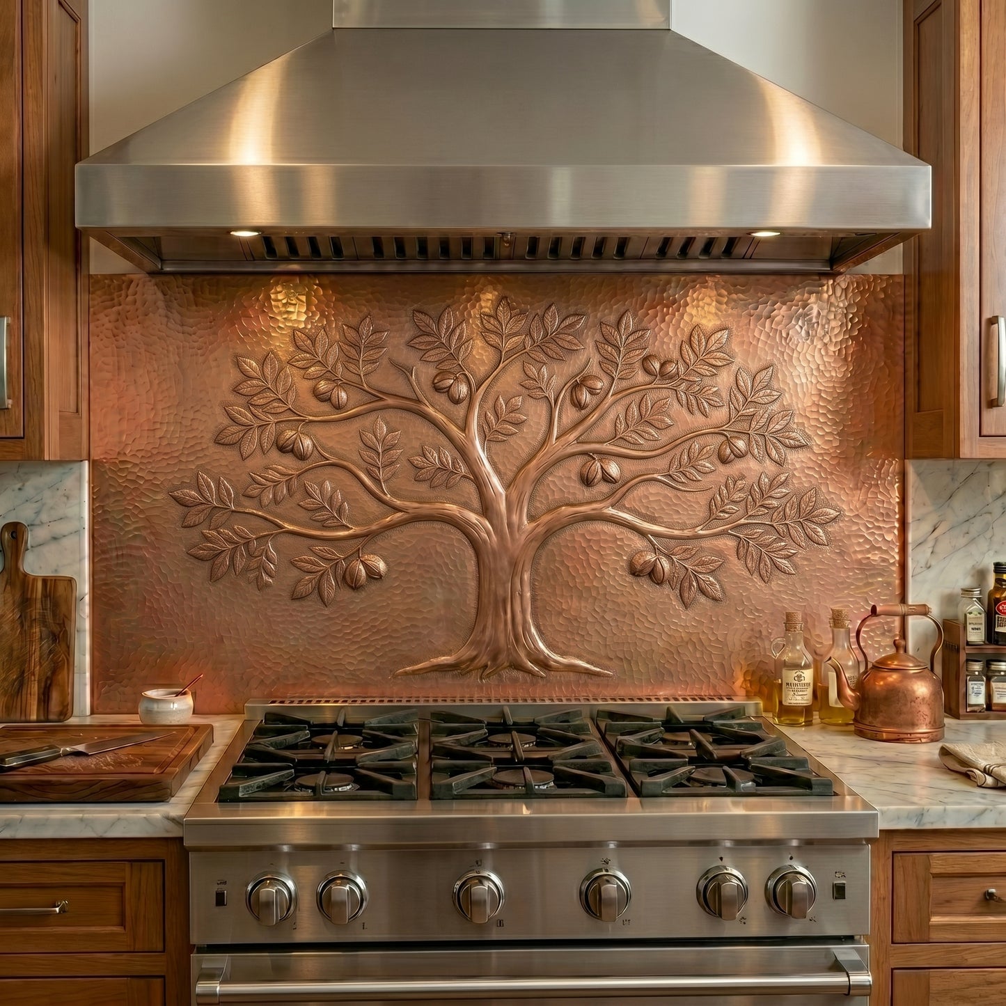 Handmade copper backsplash featuring a majestic Hickory tree with detailed leaves and nuts. Nature-inspired kitchen wall art crafted from real copper.