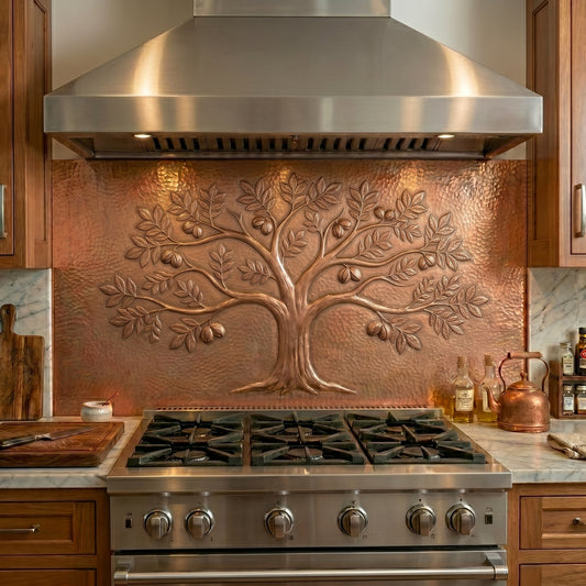 Handmade copper backsplash featuring a majestic Hickory tree with detailed leaves and nuts. Nature-inspired kitchen wall art crafted from real copper.
