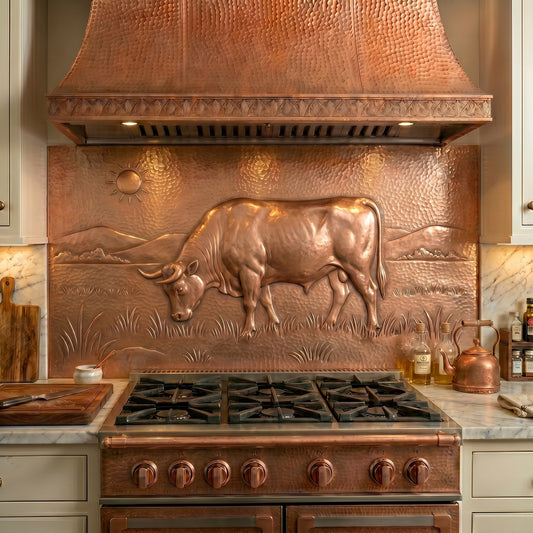 Handmade Highland Bull copper kitchen backsplash behind the stove. Rustic cattle wall decor featuring a powerful grazing bull set within an open countryside landscape, creating a striking focal point for farmhouse, ranch, western, and country-inspired kitchens.