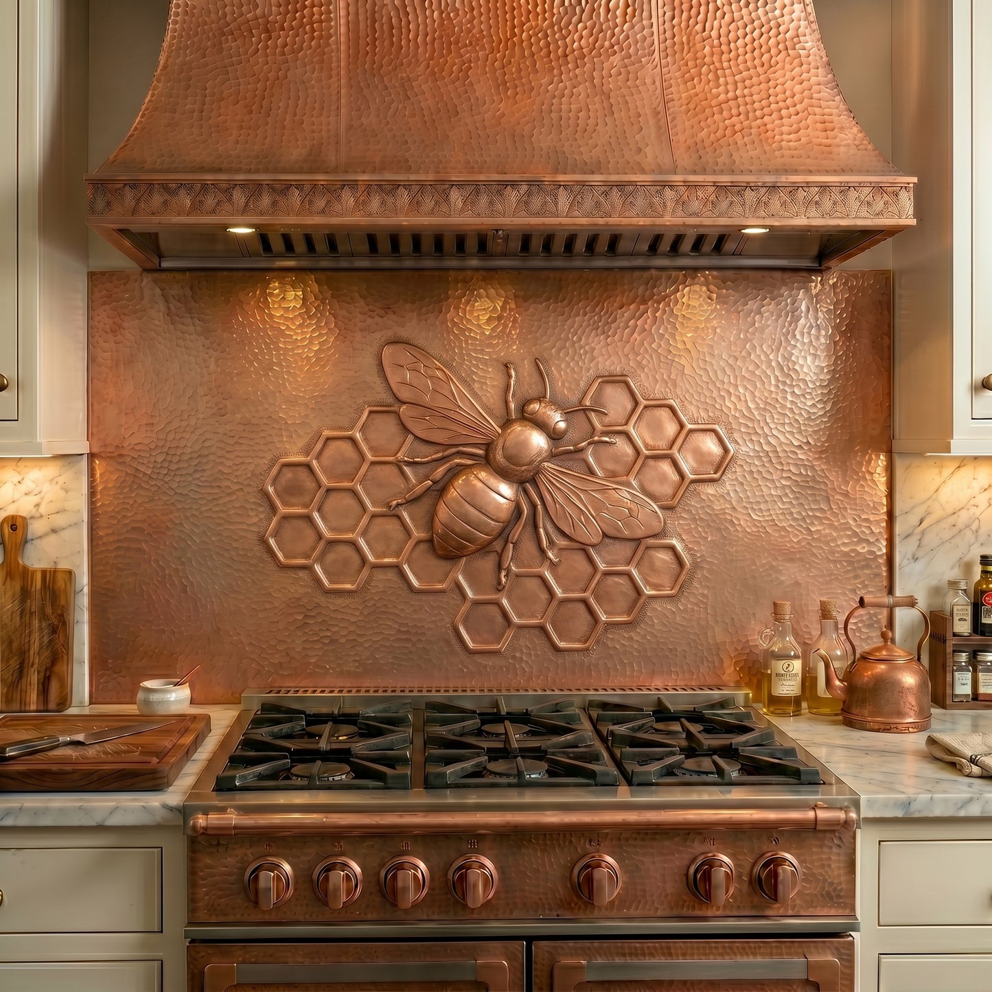 Handmade Honey Bee copper kitchen backsplash for behind the stove. Beekeeping and nature-inspired wall decor featuring a detailed honey bee and honeycomb, creating a striking focal point for farmhouse, cottage, country, and garden-inspired kitchens.