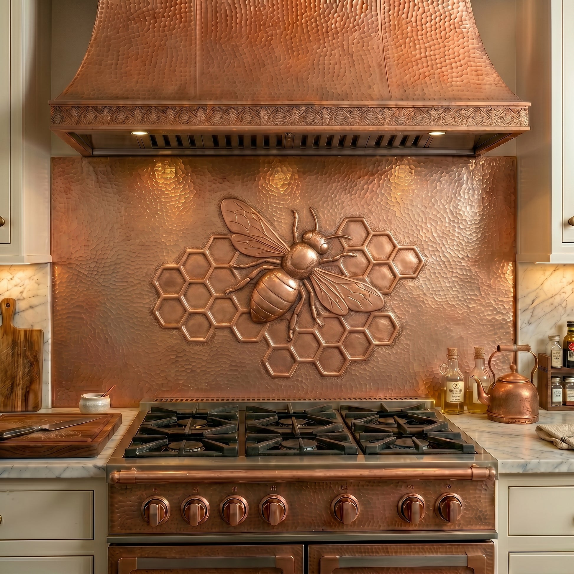Handmade Honey Bee copper kitchen backsplash for behind the stove. Beekeeping and nature-inspired wall decor featuring a detailed honey bee and honeycomb, creating a striking focal point for farmhouse, cottage, country, and garden-inspired kitchens.