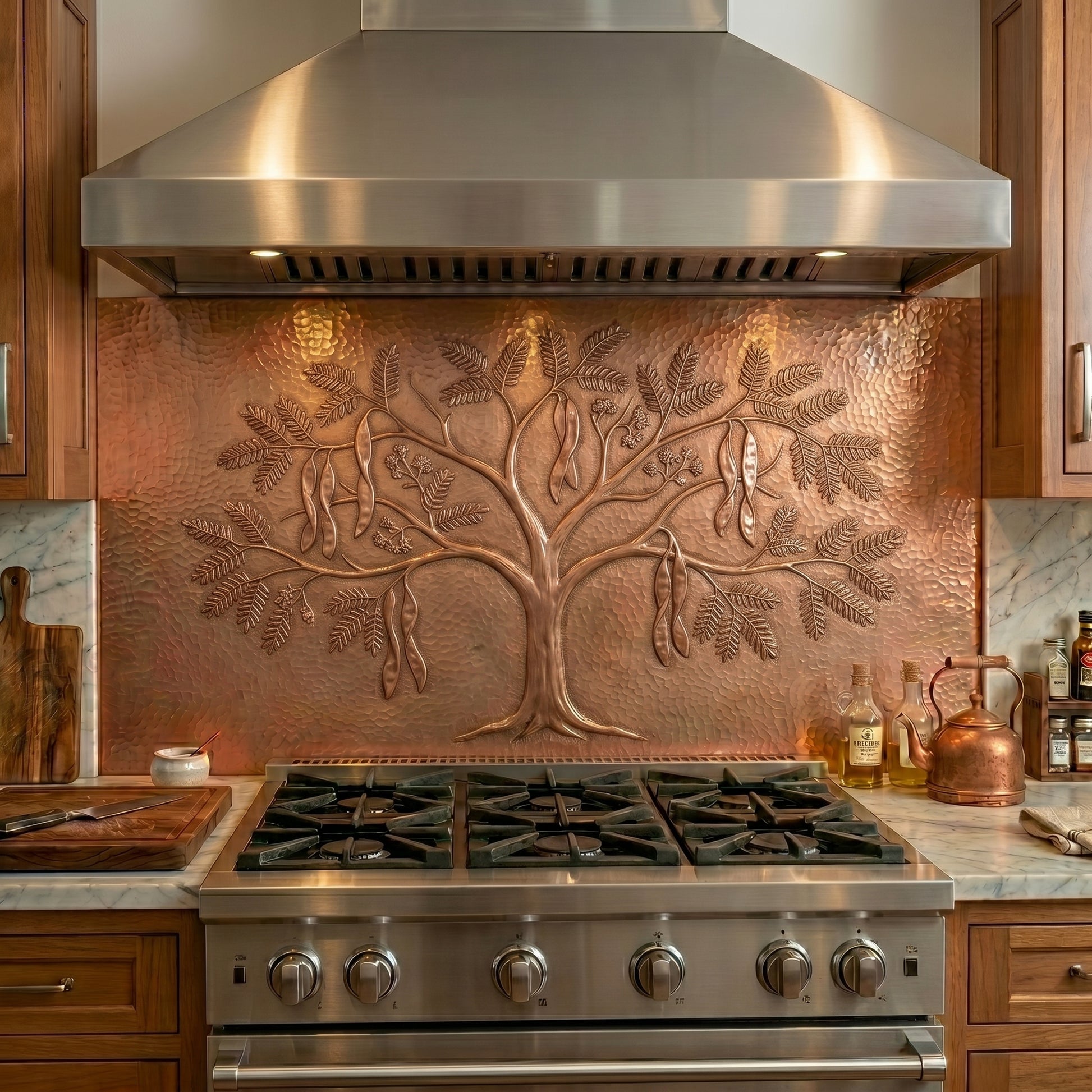 Handmade copper backsplash featuring a graceful Honey Locust tree with delicate foliage and seed pods. Nature-inspired kitchen wall art.