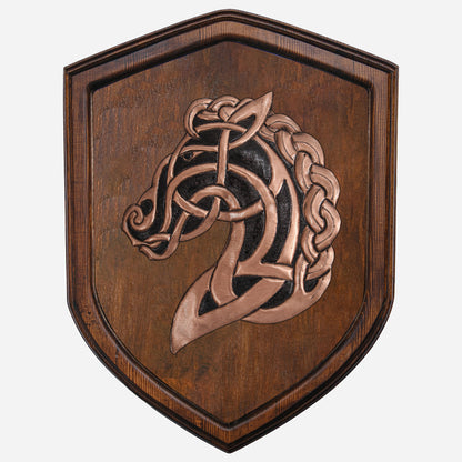 Copper Celtic Horse Head on Wood Plaque