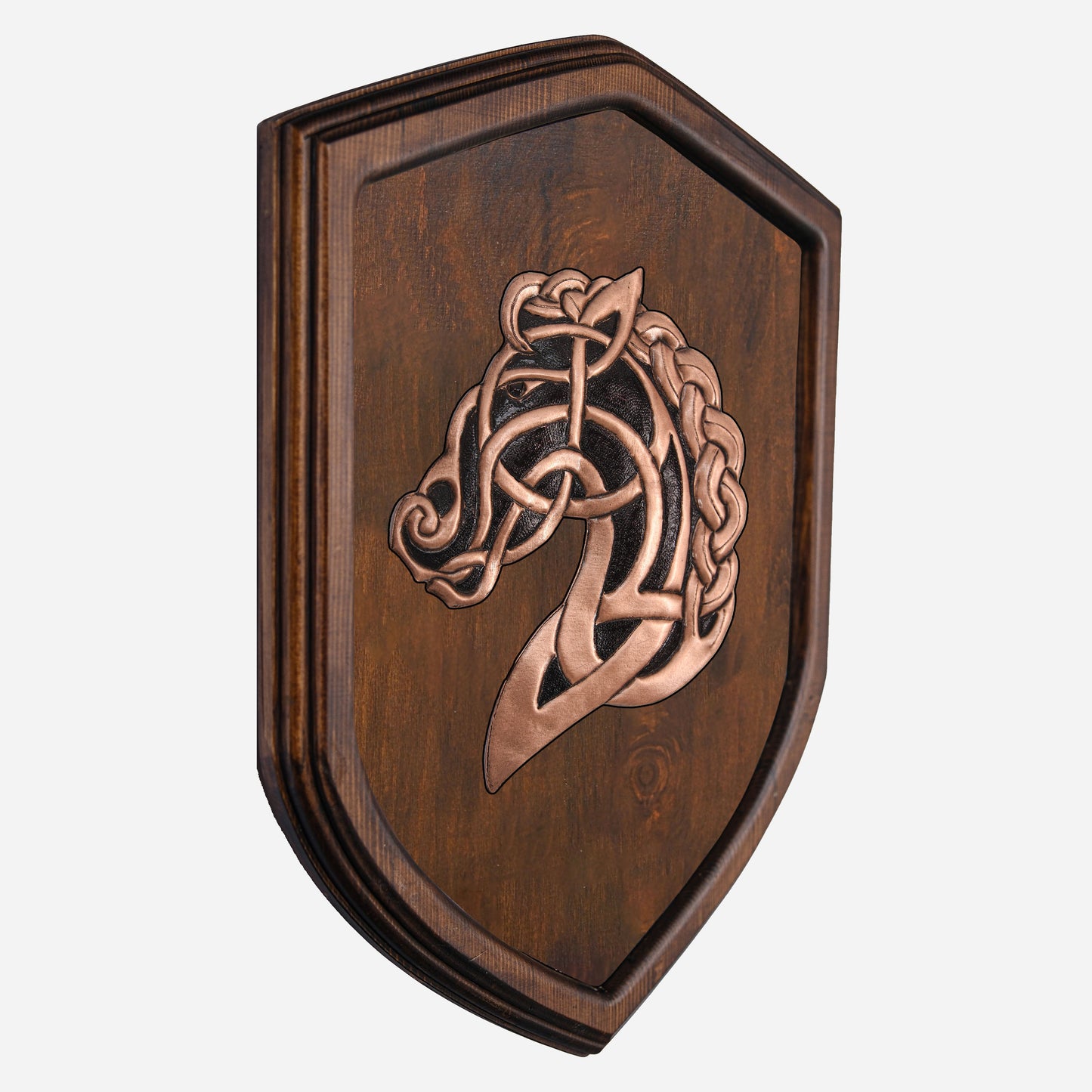 Copper Celtic Horse Head on Wood Plaque