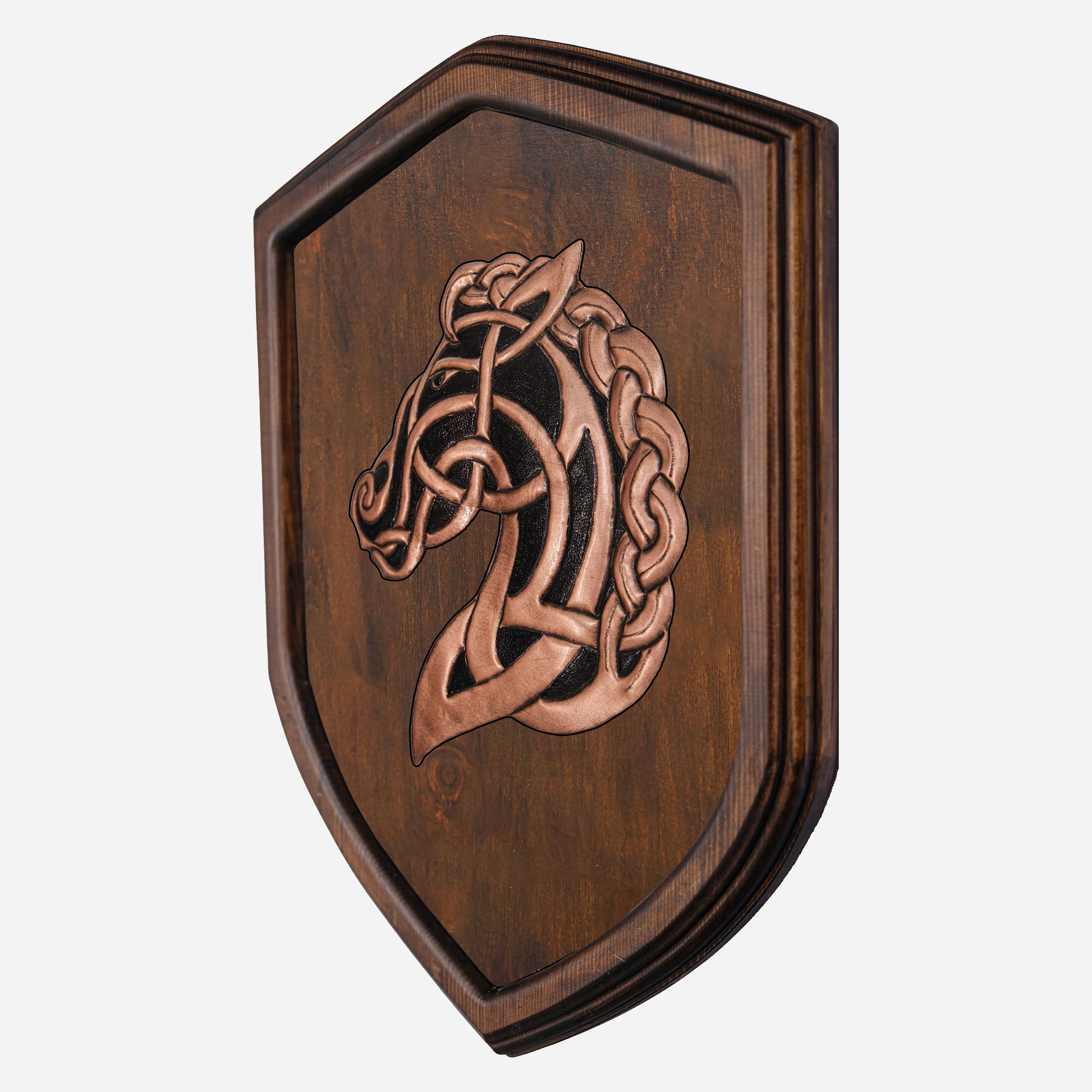 Copper Celtic Horse Head on Wood Plaque