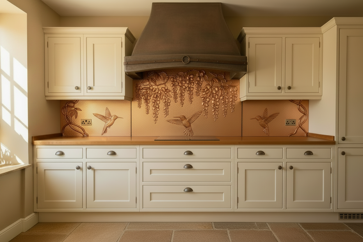 Custom copper backsplash for built-in cooktops featuring hummingbirds, cascading wisteria blooms, and climbing vines. Handmade from real copper and custom made to your exact size.