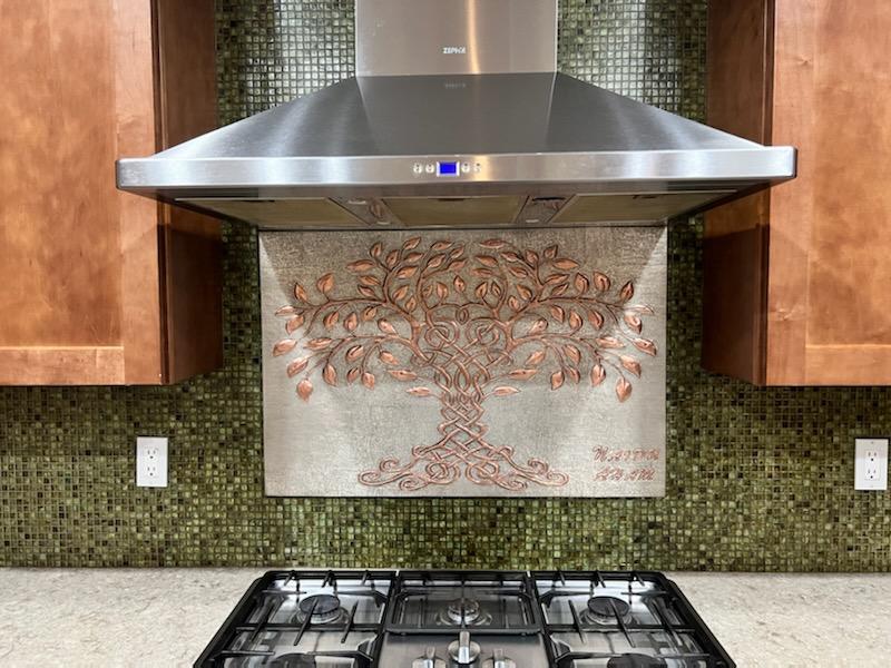 Celtic Tree of Life Copper Backsplash – Gray & Copper Patina | Custom Handmade Kitchen Wall Tile - Natuross