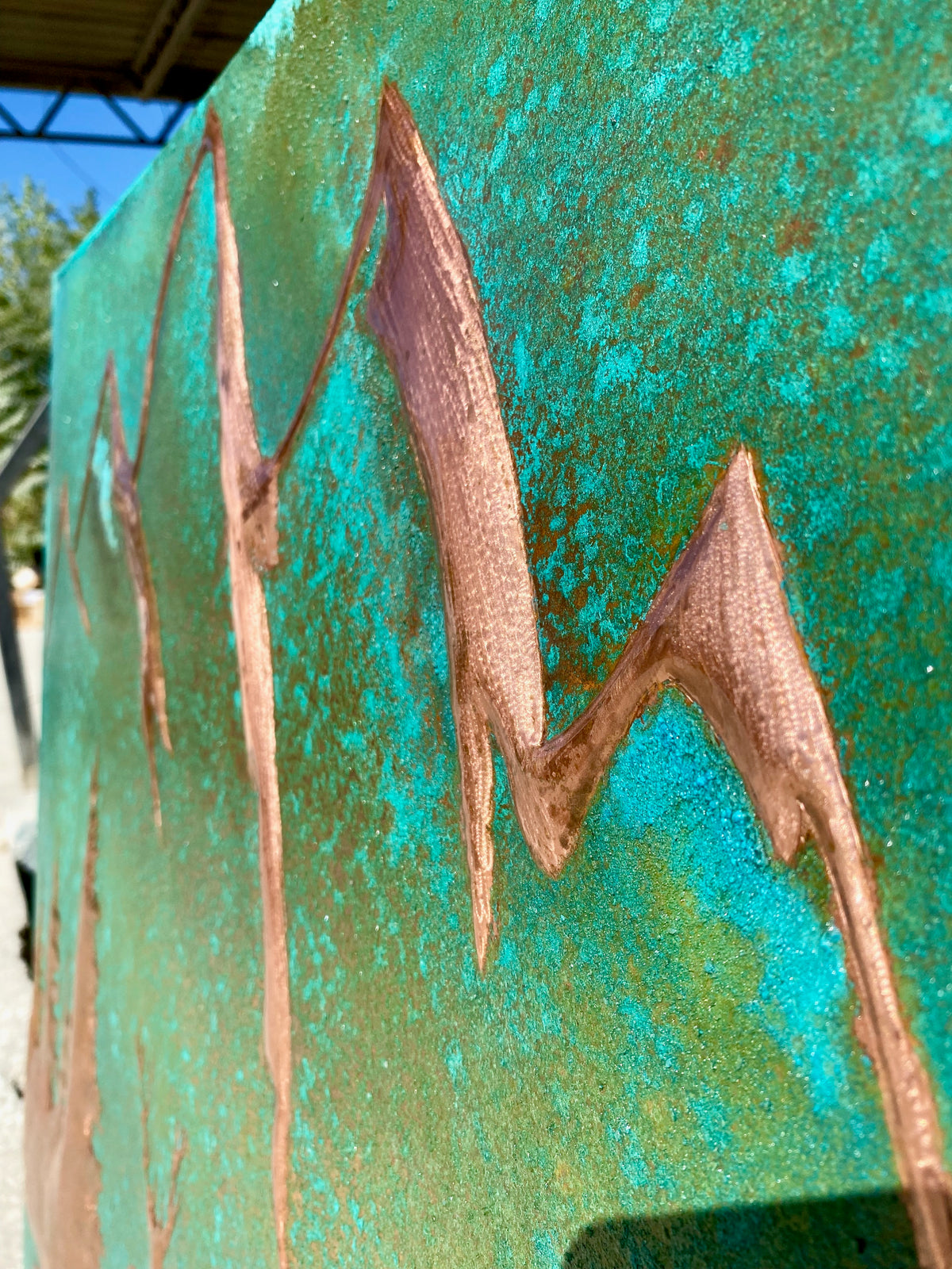 Deer & Mountain Copper Backsplash — Green Copper