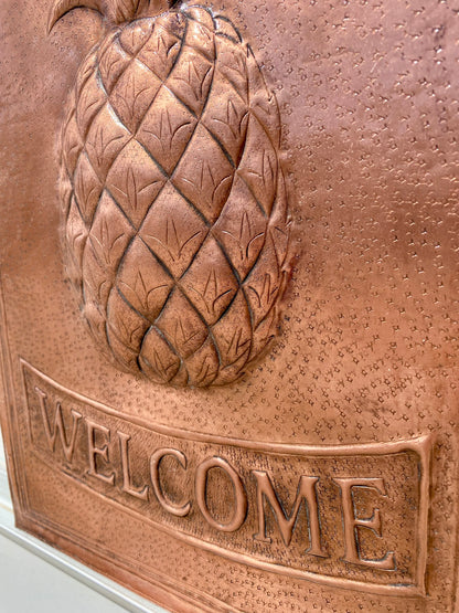 Hand-Hammered Copper Pineapple Welcome Sign — Rustic Wall Art Panel