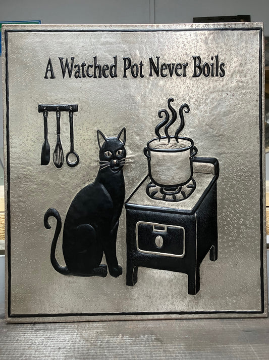 "A Watched Pot Never Boils" Copper Kitchen Stove Backsplash