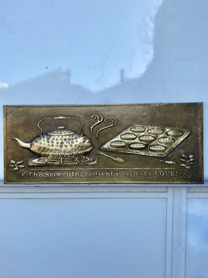 Antique Gold Kettle & Tray Backsplash Panel - Hand-Hammered Brass Wall Art