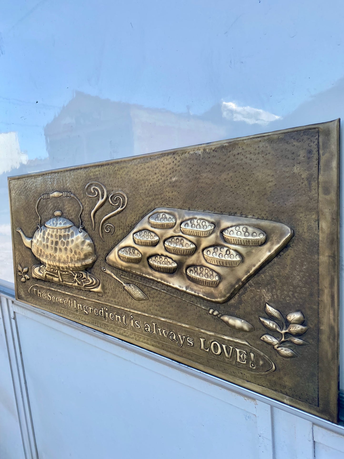 Antique Gold Kettle & Tray Backsplash Panel - Hand-Hammered Brass Wall Art