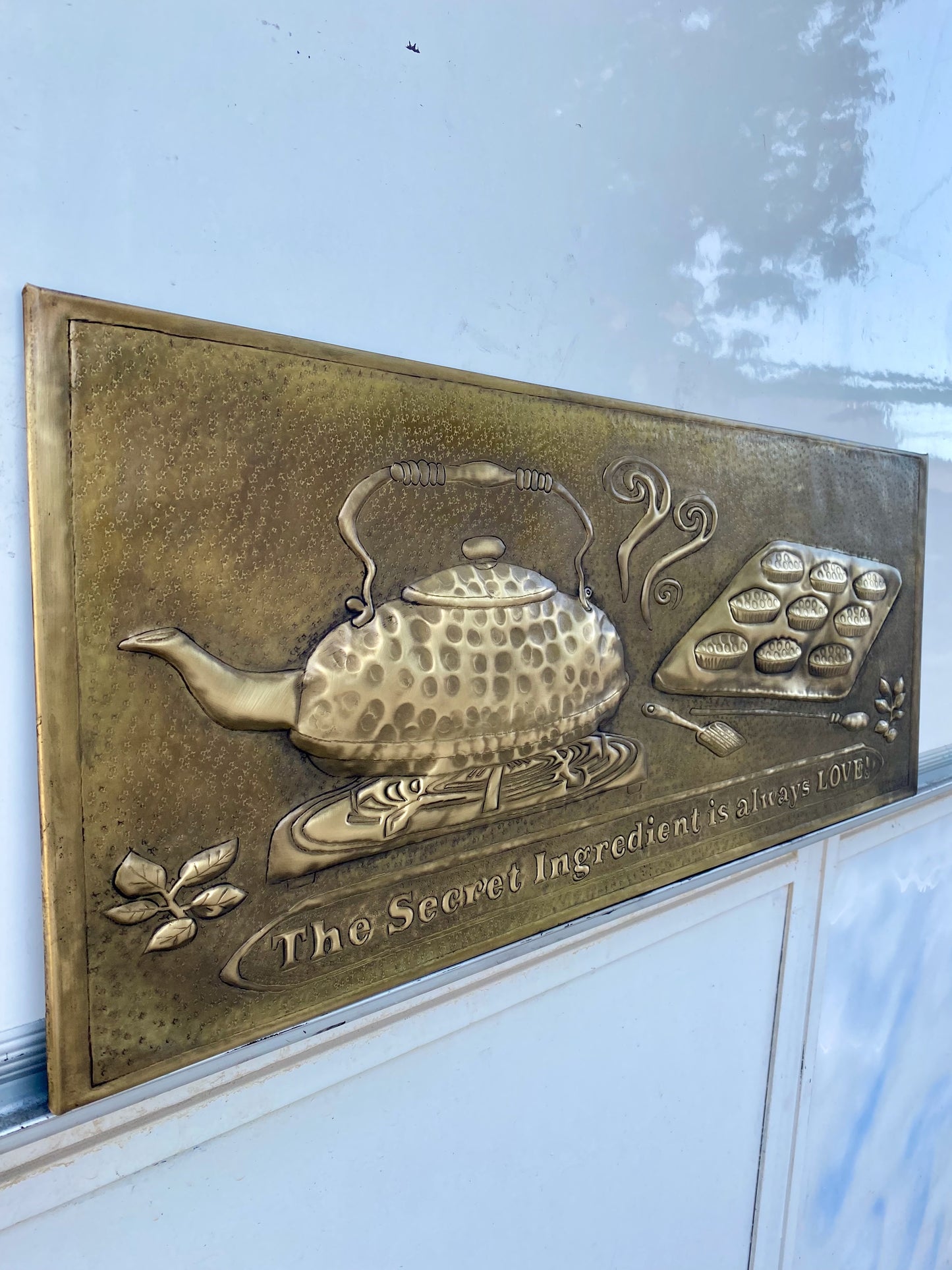 Antique Gold Kettle & Tray Backsplash Panel - Hand-Hammered Brass Wall Art