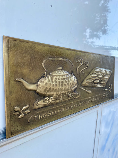 Antique Gold Kettle & Tray Backsplash Panel - Hand-Hammered Brass Wall Art