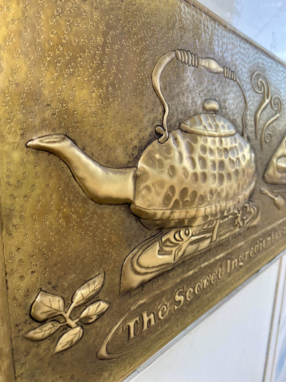 Antique Gold Kettle & Tray Backsplash Panel - Hand-Hammered Brass Wall Art