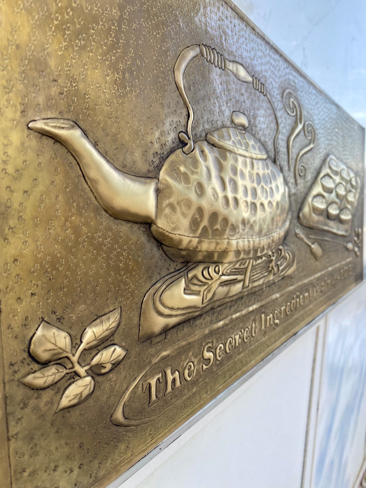 Antique Gold Kettle & Tray Backsplash Panel - Hand-Hammered Brass Wall Art