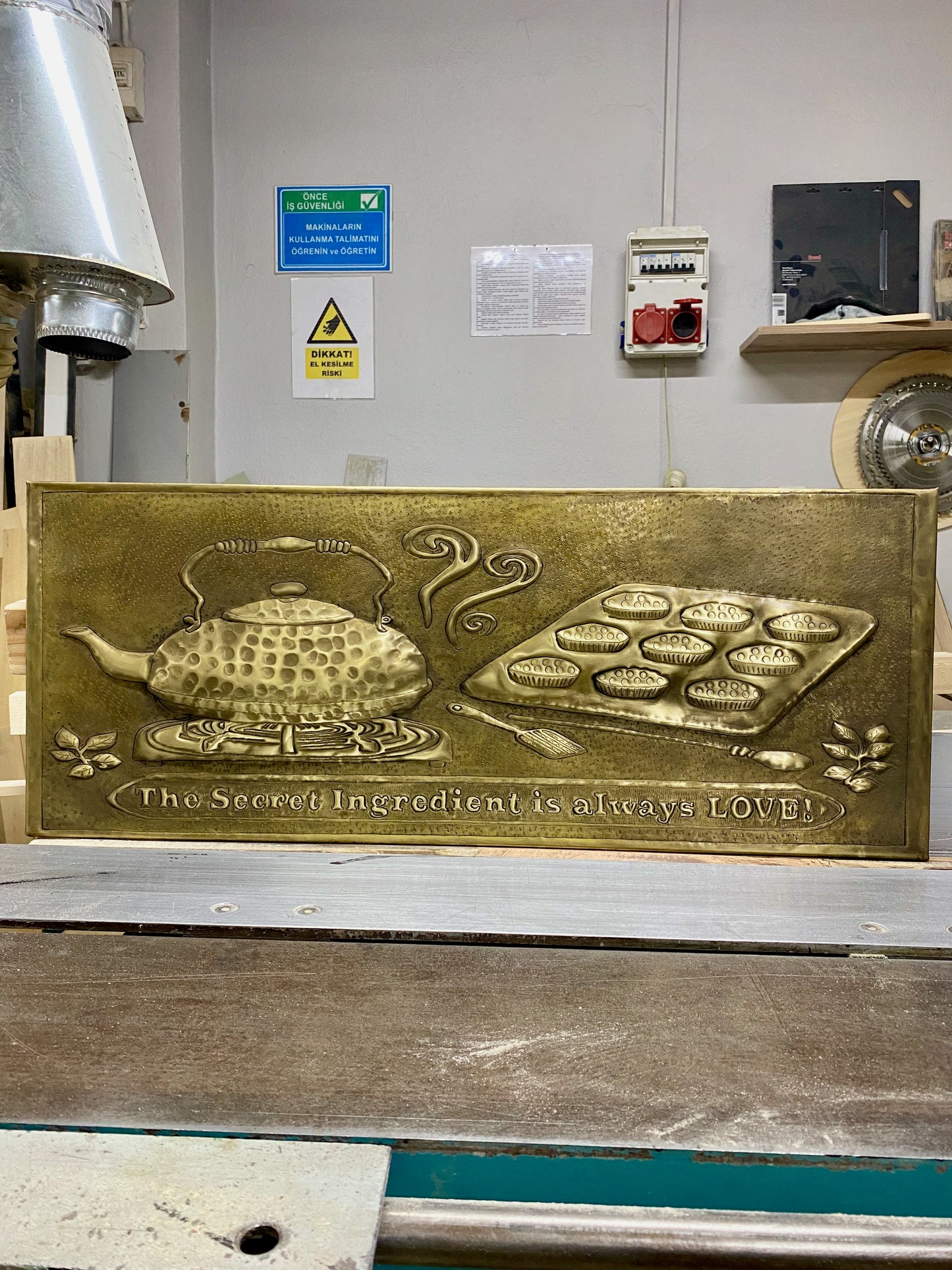 Antique Gold Kettle & Tray Backsplash Panel - Hand-Hammered Brass Wall Art