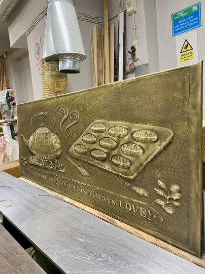 Antique Gold Kettle & Tray Backsplash Panel - Hand-Hammered Brass Wall Art