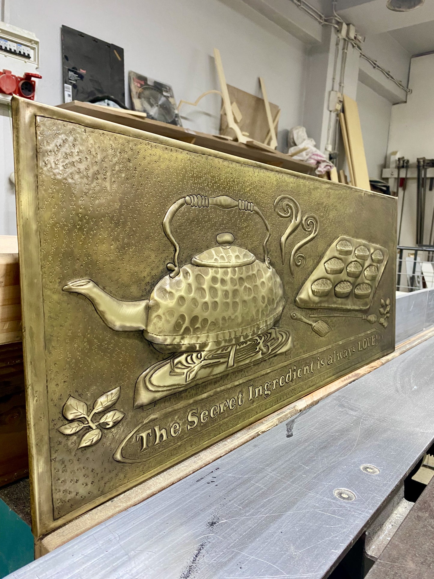 Antique Gold Kettle & Tray Backsplash Panel - Hand-Hammered Brass Wall Art