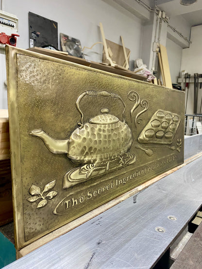 Antique Gold Kettle & Tray Backsplash Panel - Hand-Hammered Brass Wall Art