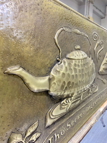 Antique Gold Kettle & Tray Backsplash Panel - Hand-Hammered Brass Wall Art